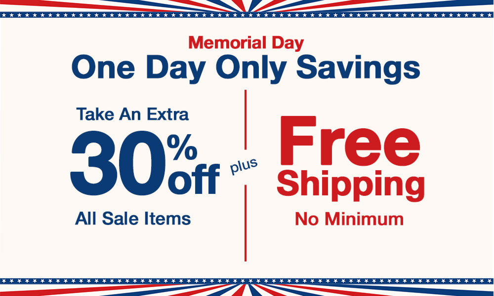 Memorial Day sale advertisement with 30% off and free shipping offer on a white background with red, white, and blue border.