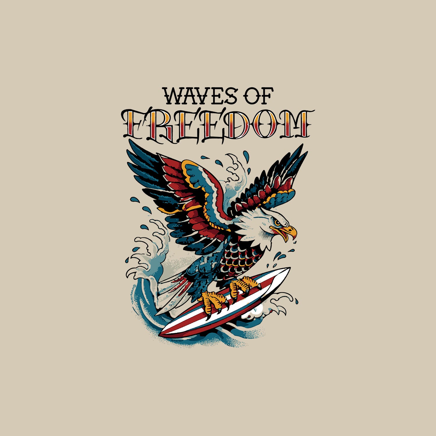 Eagle on a surfboard with 'Waves of Freedom' text on a beige background