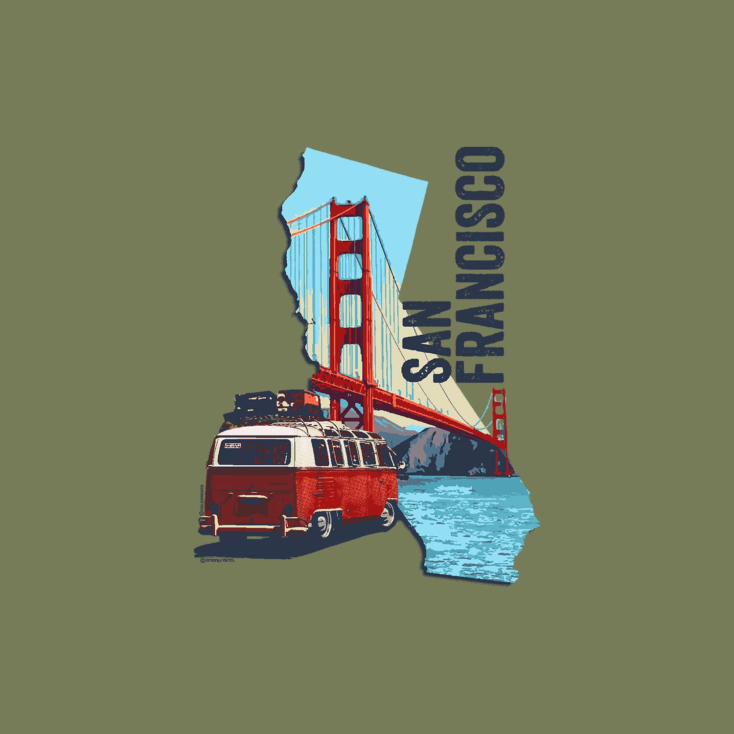 Illustration of a red van with luggage near the Golden Gate Bridge and 'San Francisco' text on a green background