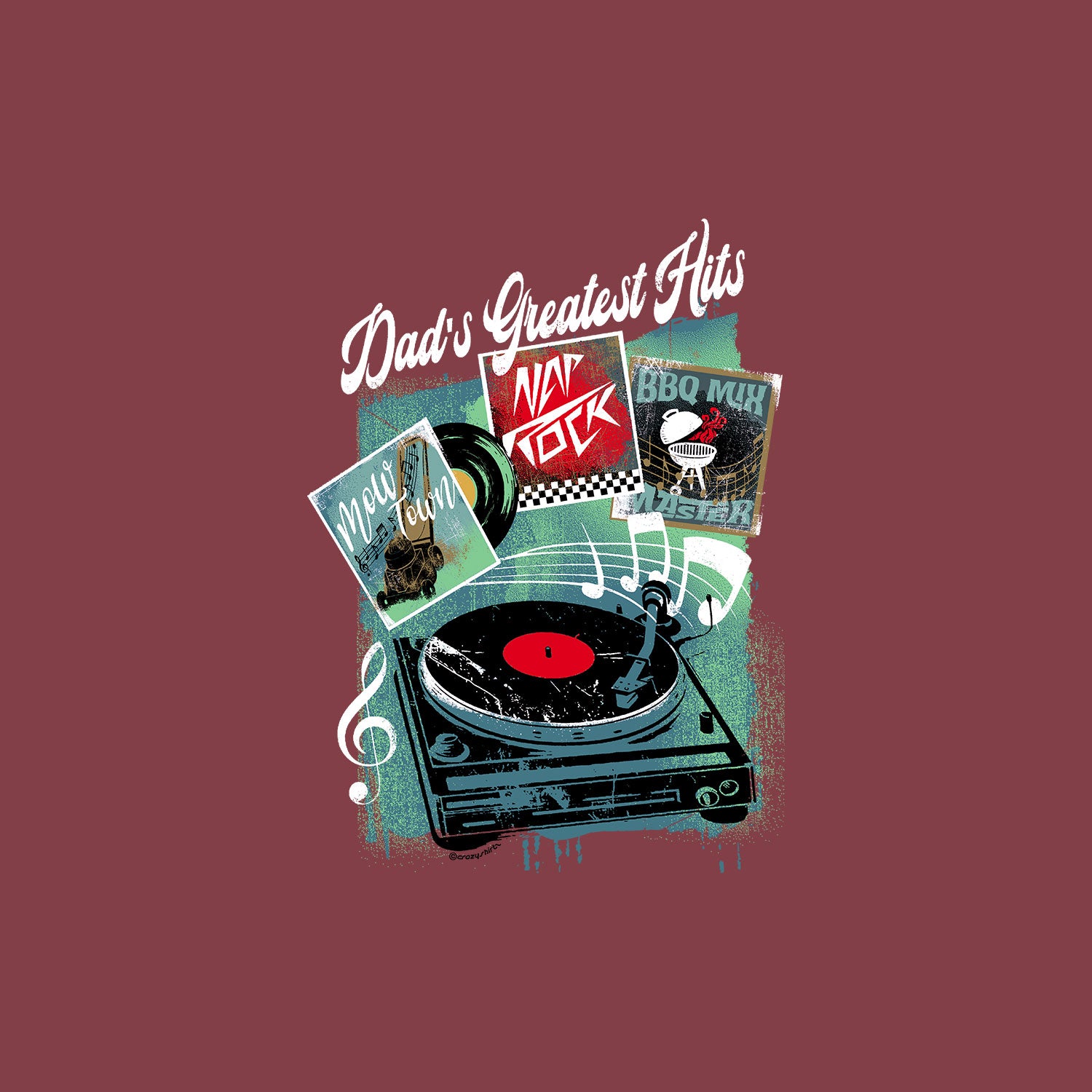 Illustration of a record player with vinyl records and 'Dad's Greatest Hits' text on a brown background