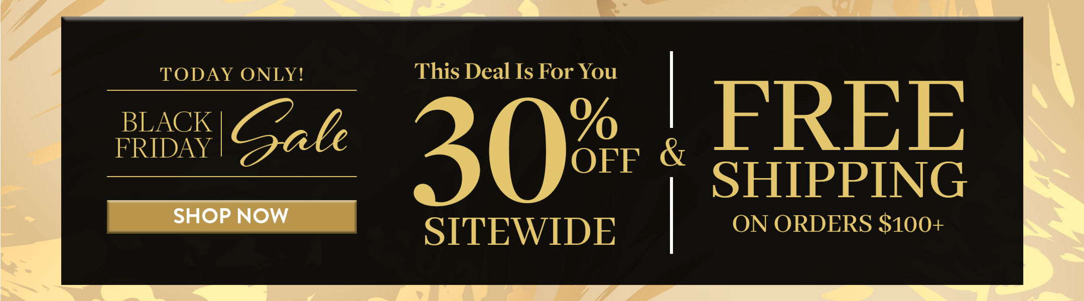 Black Friday sale banner with 30% off and free shipping offer on a gold background.