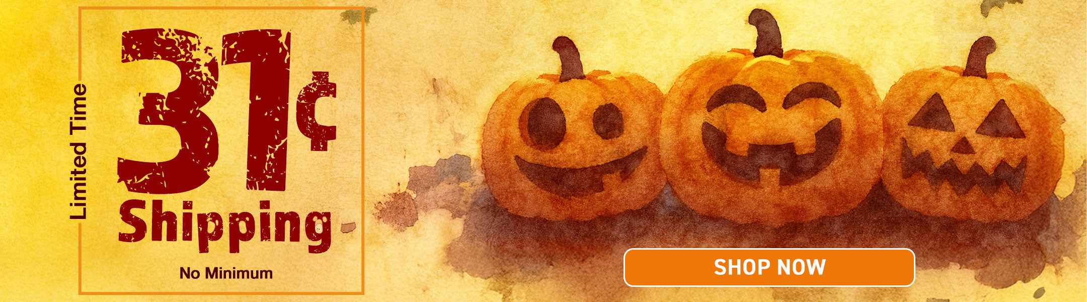 Three carved pumpkins with smiling faces on a yellow background with text about limited-time shipping offer.