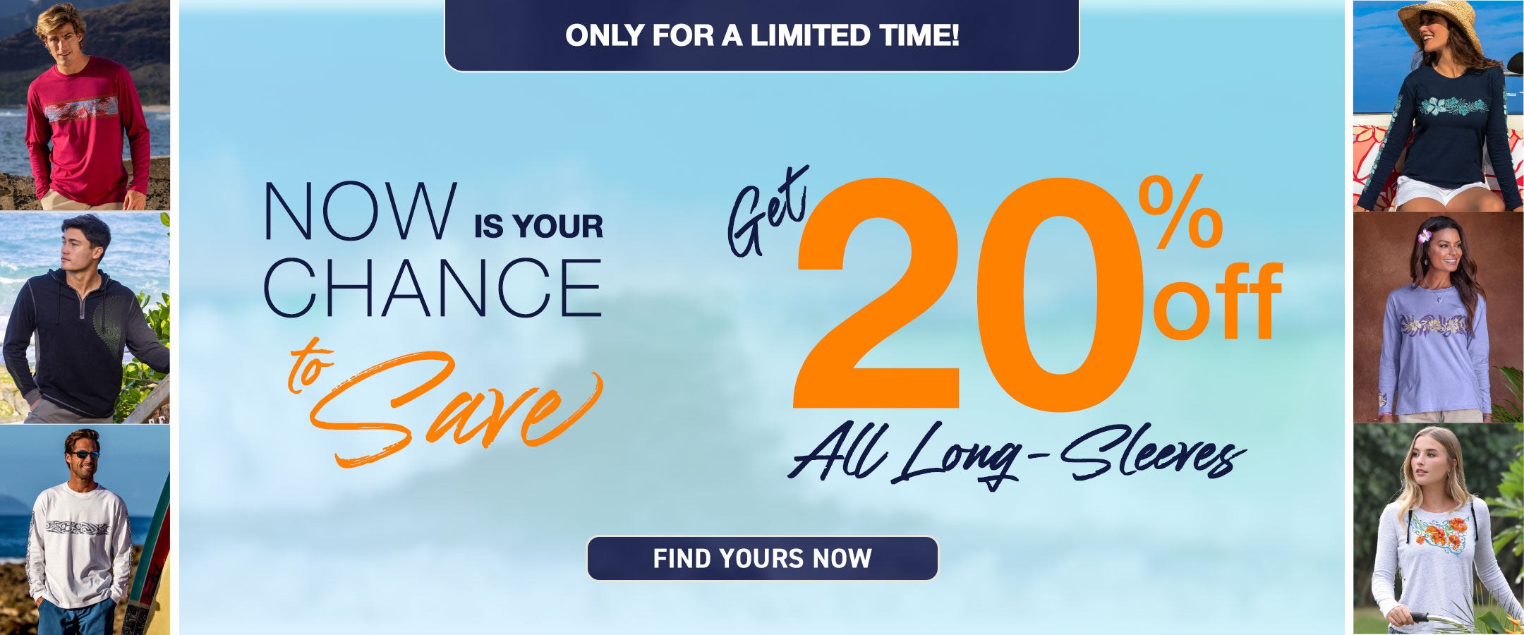 Promotional banner with text 'Now is your chance to save' and '20% off all long-sleeves' on a blue background.