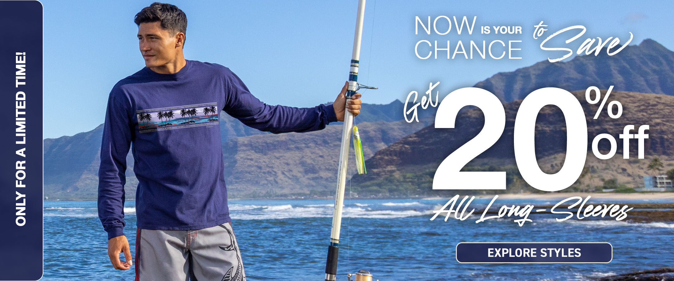 Man holding a fishing rod by the ocean with promotional text overlay