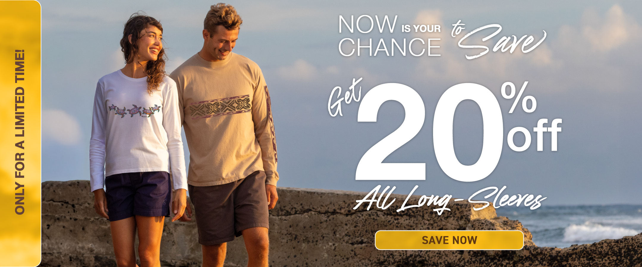 Two people walking on a beach with promotional text overlay for a 20% discount on long-sleeve items.