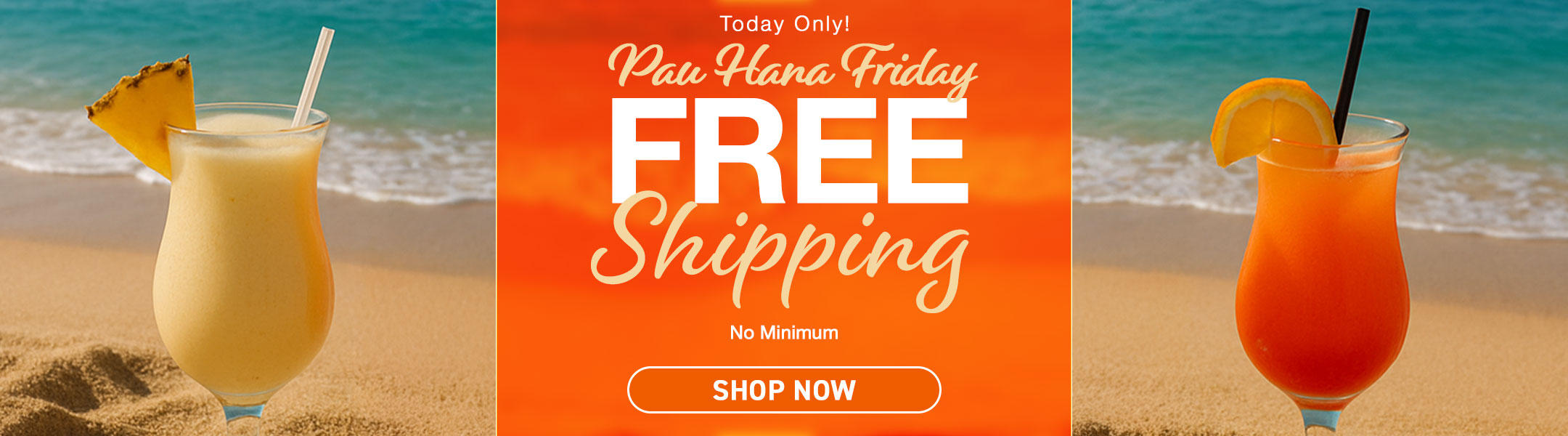 Promotional banner for free shipping with tropical drinks on a beach.