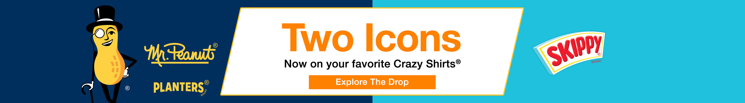 Promotional banner featuring Mr. Peanut, Skippy, and a call to action for Crazy Shirts.