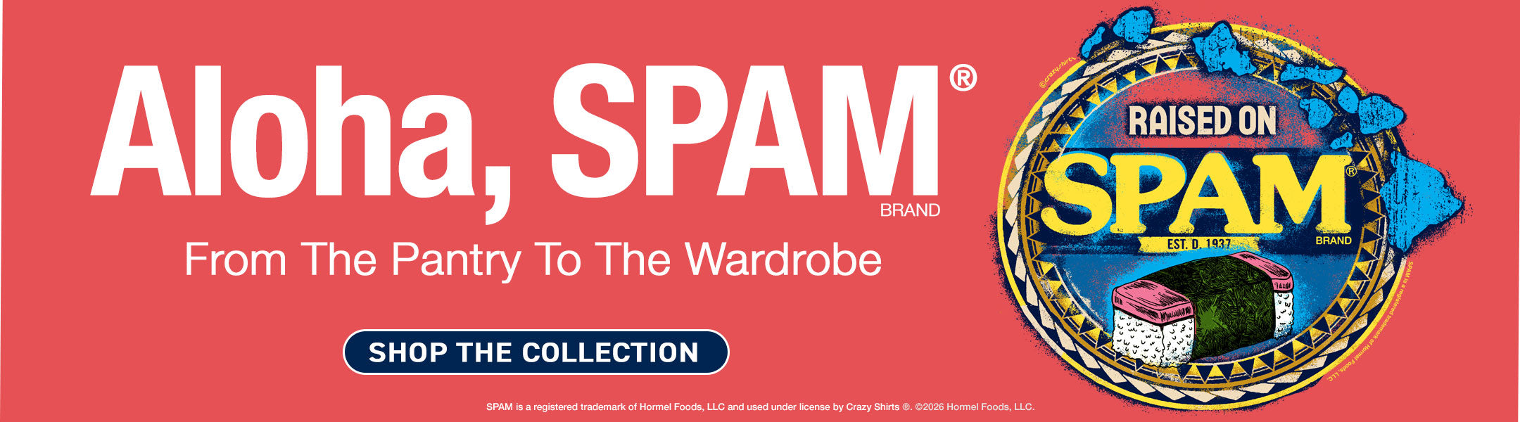 SPAM brand advertisement with 'Aloha, SPAM' text and logo on a red background.