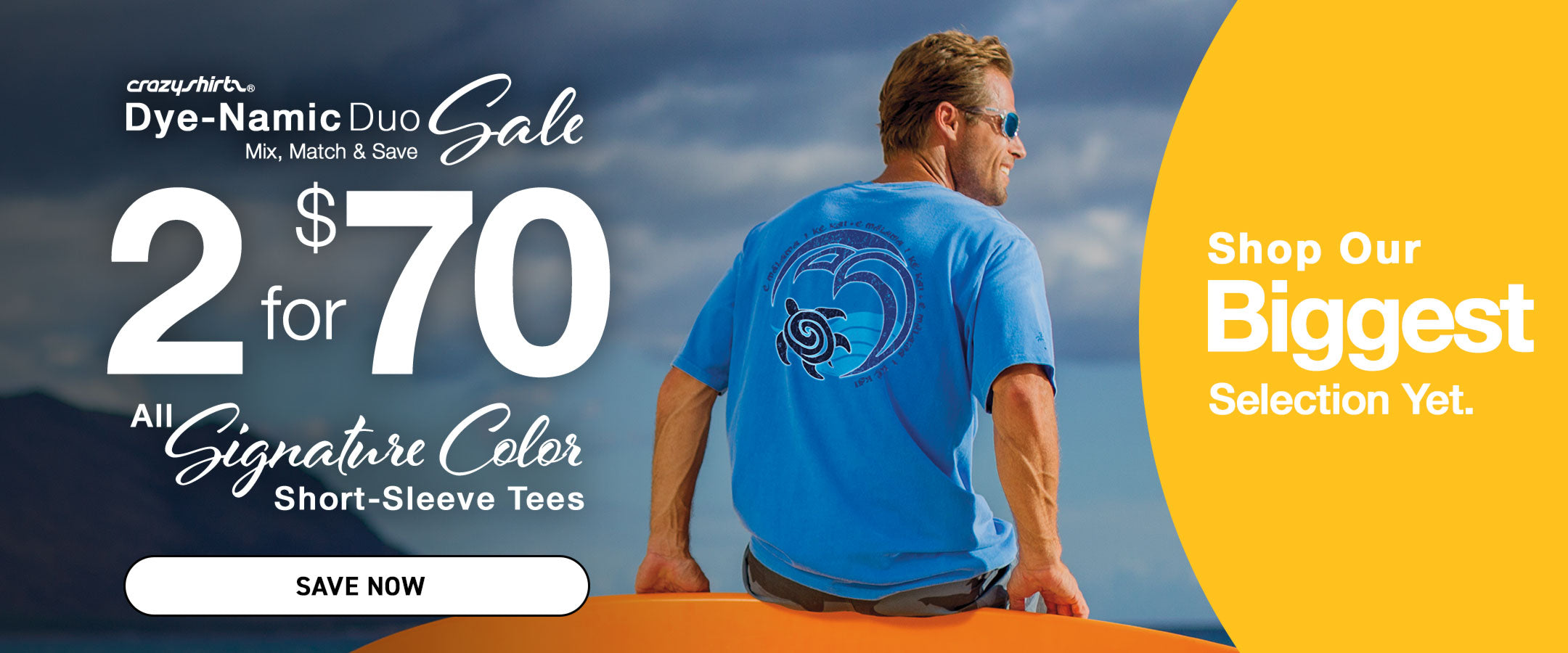 Promotional banner for Dye-Namic Duo Sale with a man in a blue t-shirt on a surfboard.