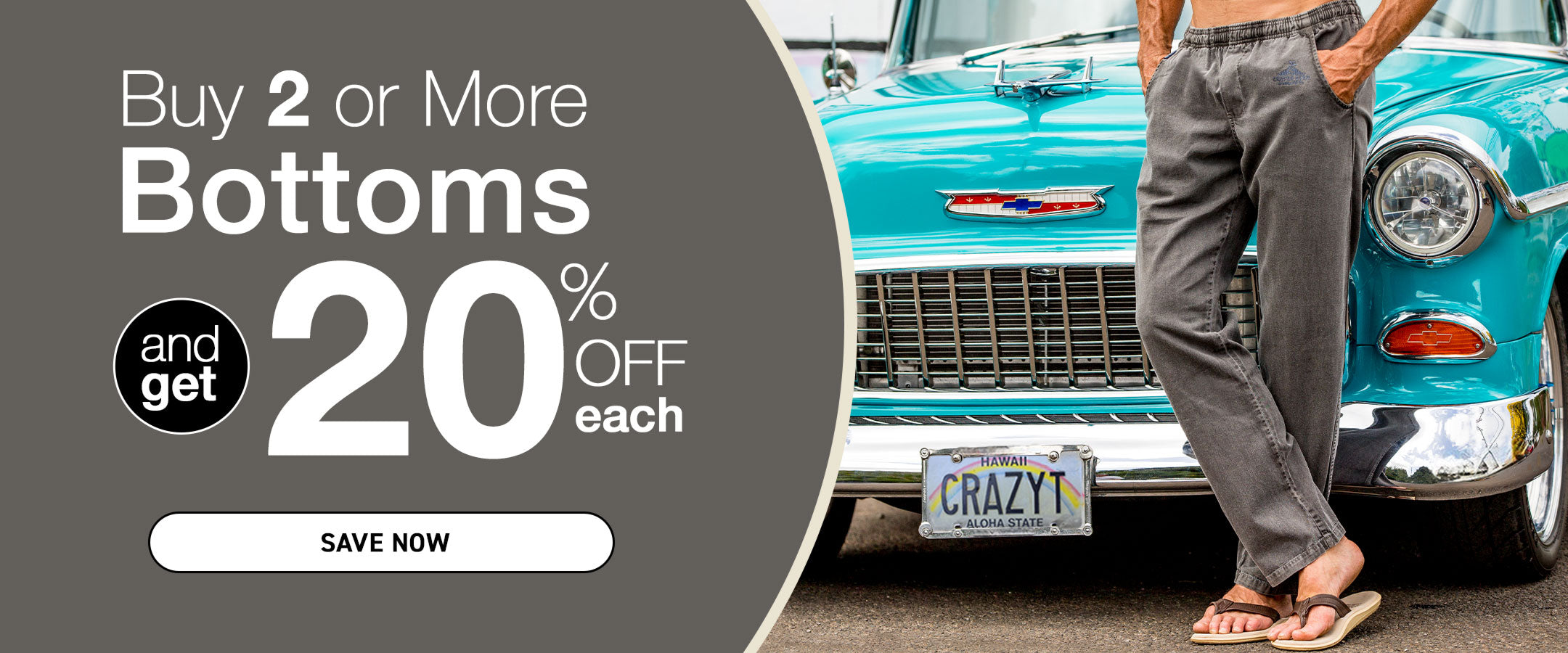 Promotional banner with a person in gray pants standing next to a turquoise car, offering a discount on bottoms.