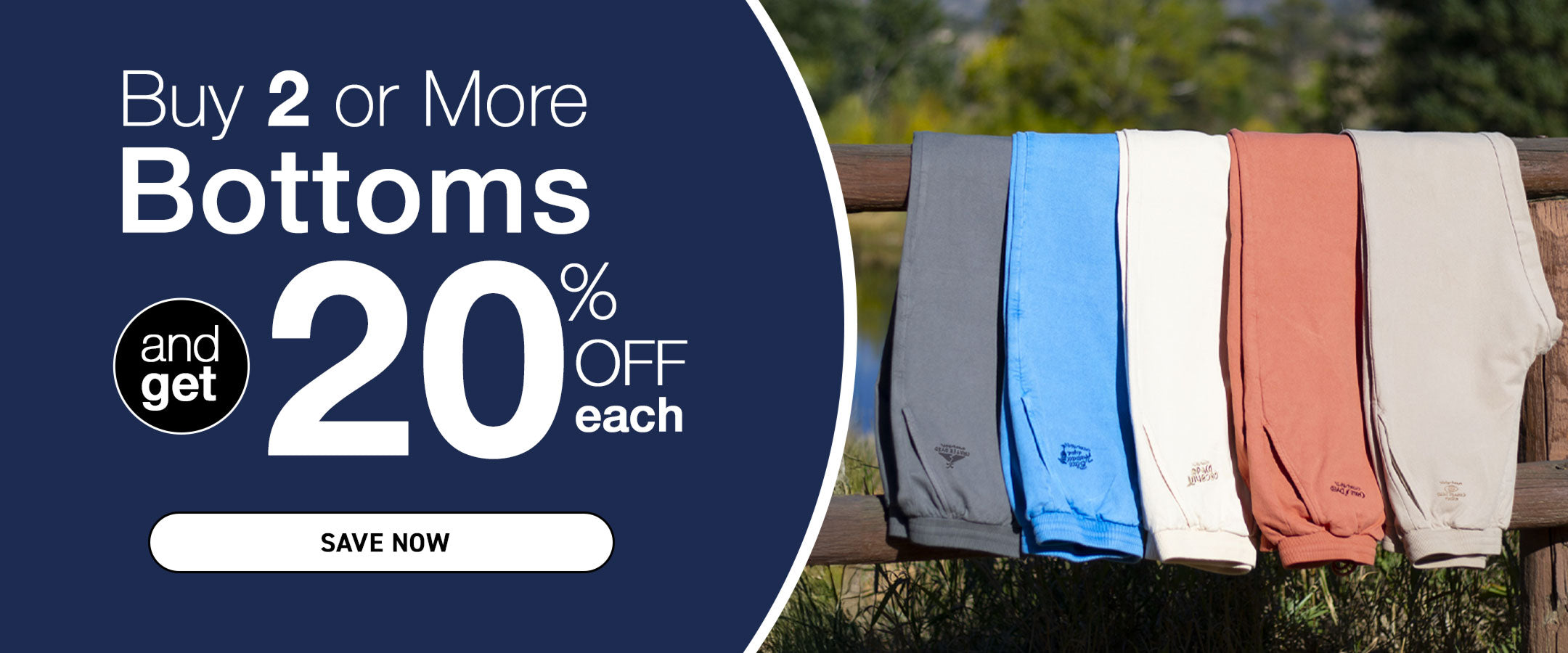 Promotional banner with a discount offer on men's pants displayed against a natural background.