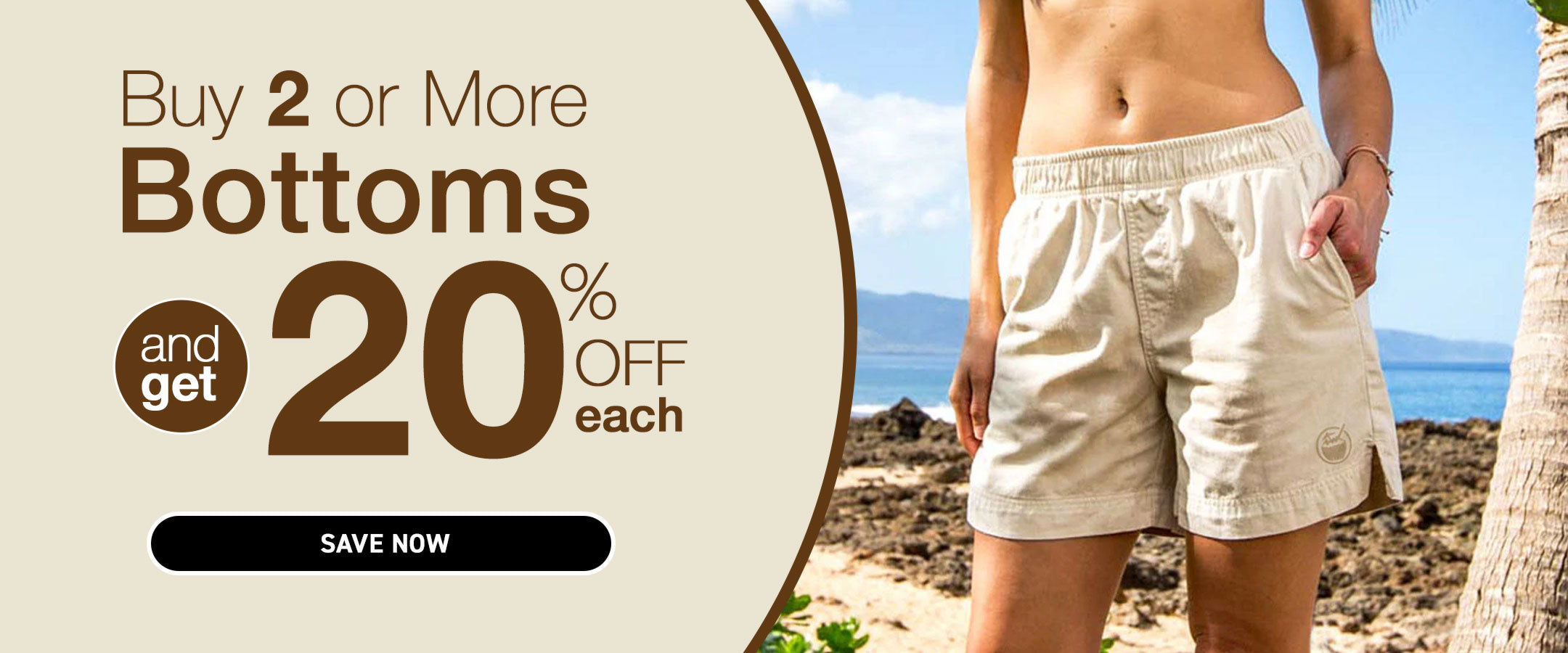 Promotional banner for a sale on womens shorts with a beach background.