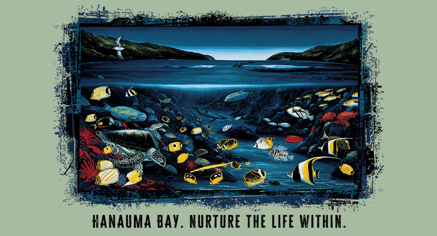Underwater scene with various fish and marine life, framed by a green border with text 'Hanauma Bay. Nurture the life within.