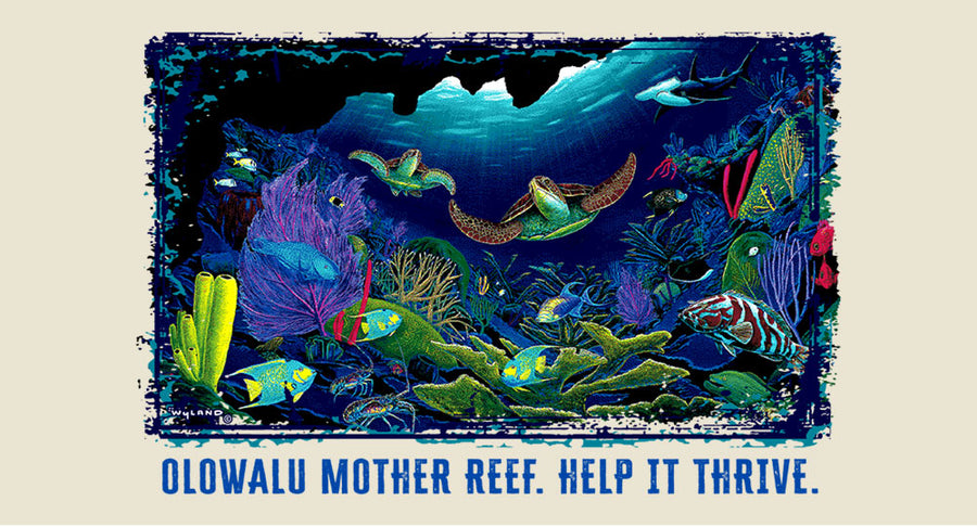 Colorful illustration of an underwater scene with fish and coral, featuring the text 'Olowalu Mother Reef. Help it thrive.'
