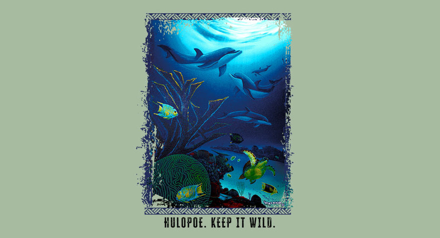 Underwater scene with dolphins and fish on a green background, featuring the text 'Kulopoe. Keep it wild.'