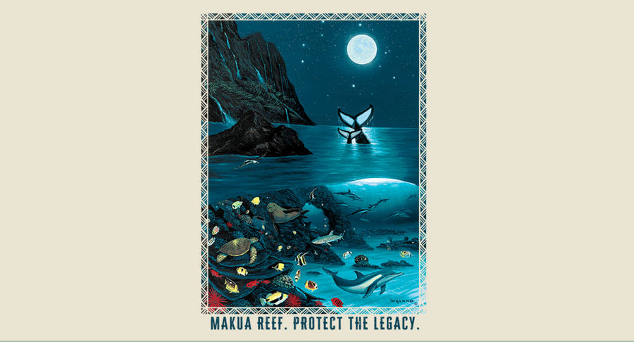 Underwater scene with fish and a butterfly, framed by a decorative border on a beige background.