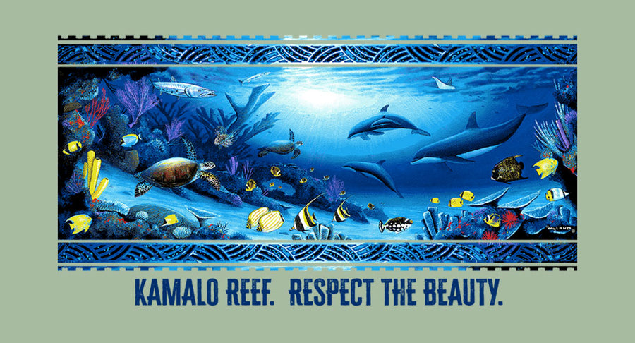 Decorative mural of an underwater scene with dolphins and fish on a light green background.