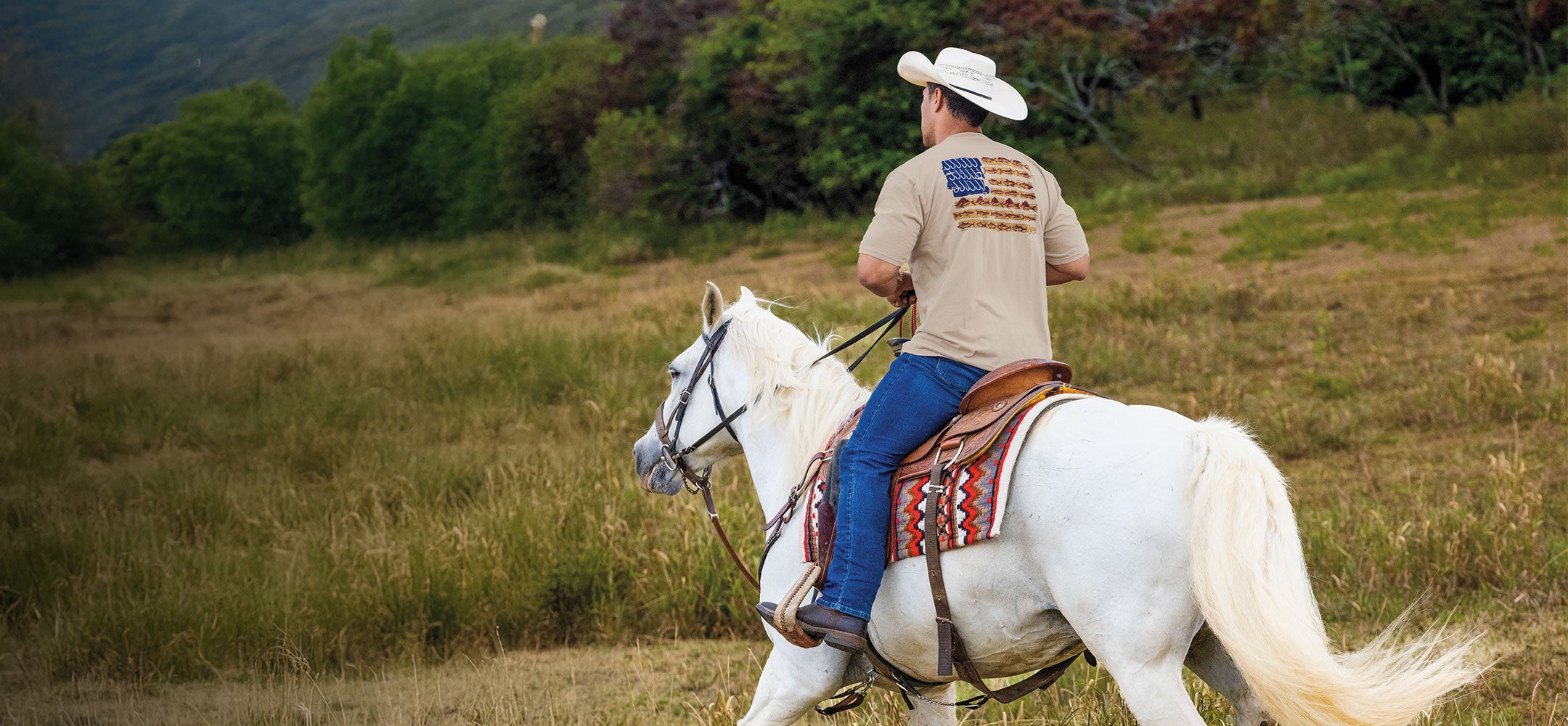 Man riding a white horse in a field with mountains in the background