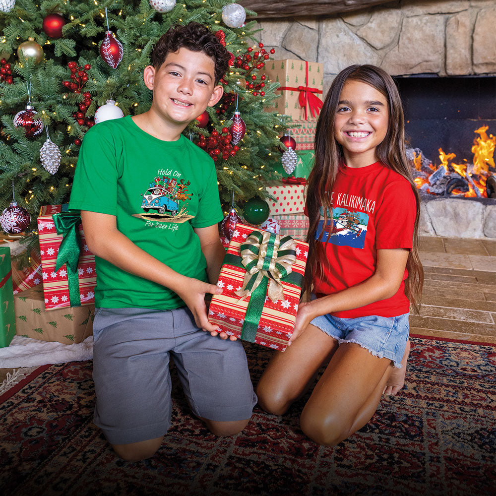 Two children holding a Christmas present in front of a decorated tree and fireplace.