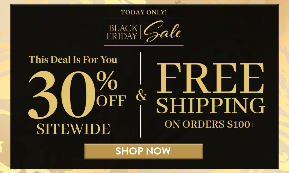 Black Friday sale advertisement with 30% off and free shipping offer on a black background.