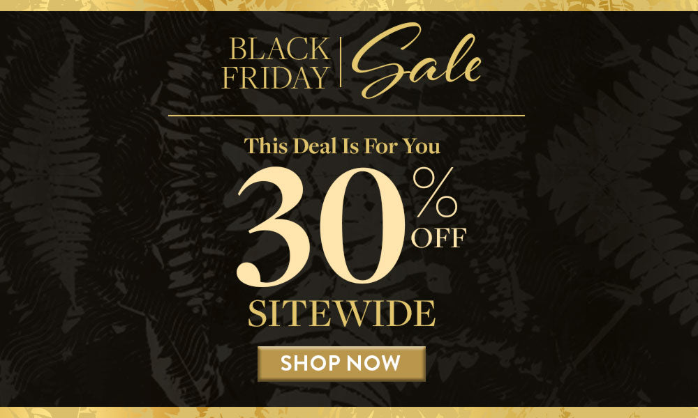Black Friday sale banner with 30% off sitewide offer on a dark background with gold text.