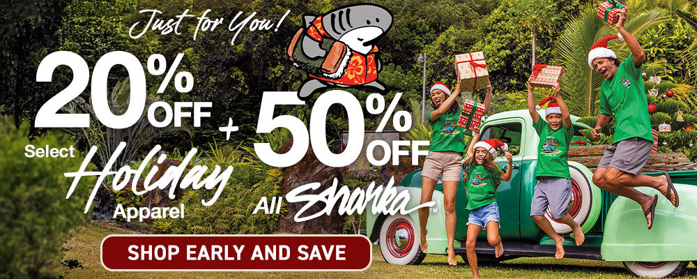 Promotional banner with text 'Just for You! 20% off + 50% off Select Holiday Apparel' and a family in green shirts near a vintage truck.