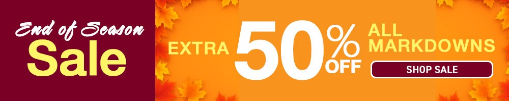 Promotional banner with 'End of Season Sale' and 'Extra 50% Off' text on an orange background.