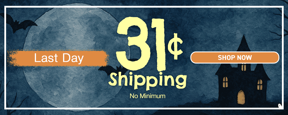 Halloween-themed promotional graphic with a haunted house and bat, featuring 'Last Day 31¢ Shipping No Minimum' text.