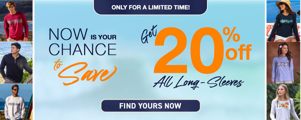 Promotional banner with text 'Now is your chance to save' and '20% off All Long-Sleeves' on a blue background.