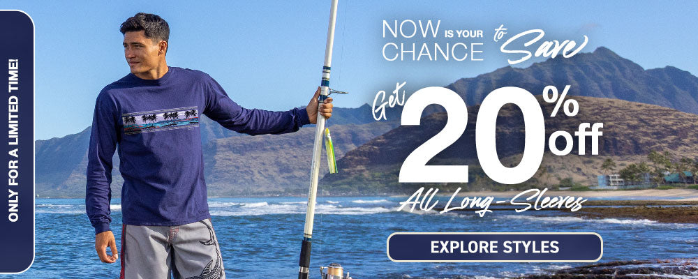 Man holding a fishing rod with scenic background and promotional text overlay