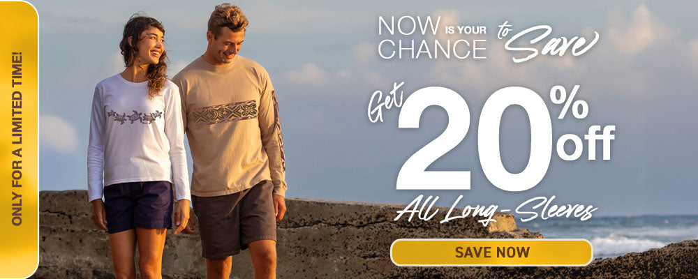 Couple walking on a beach with promotional text overlay for a 20% discount on long sleeves.