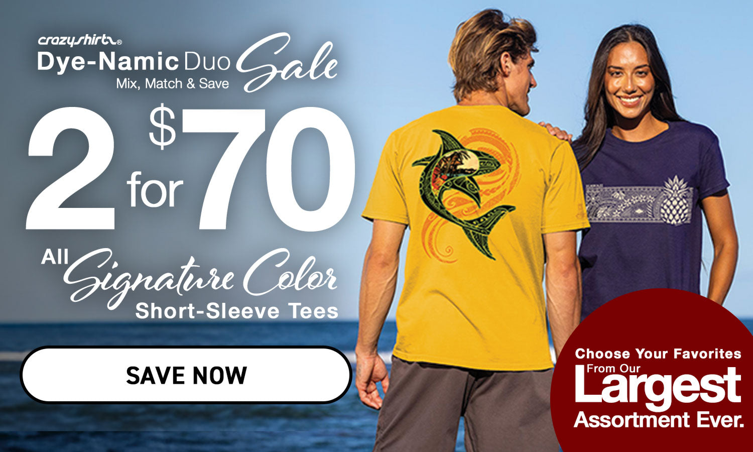Two people wearing short-sleeve tees with a promotional banner for a Dye-Namic Duo Sale.