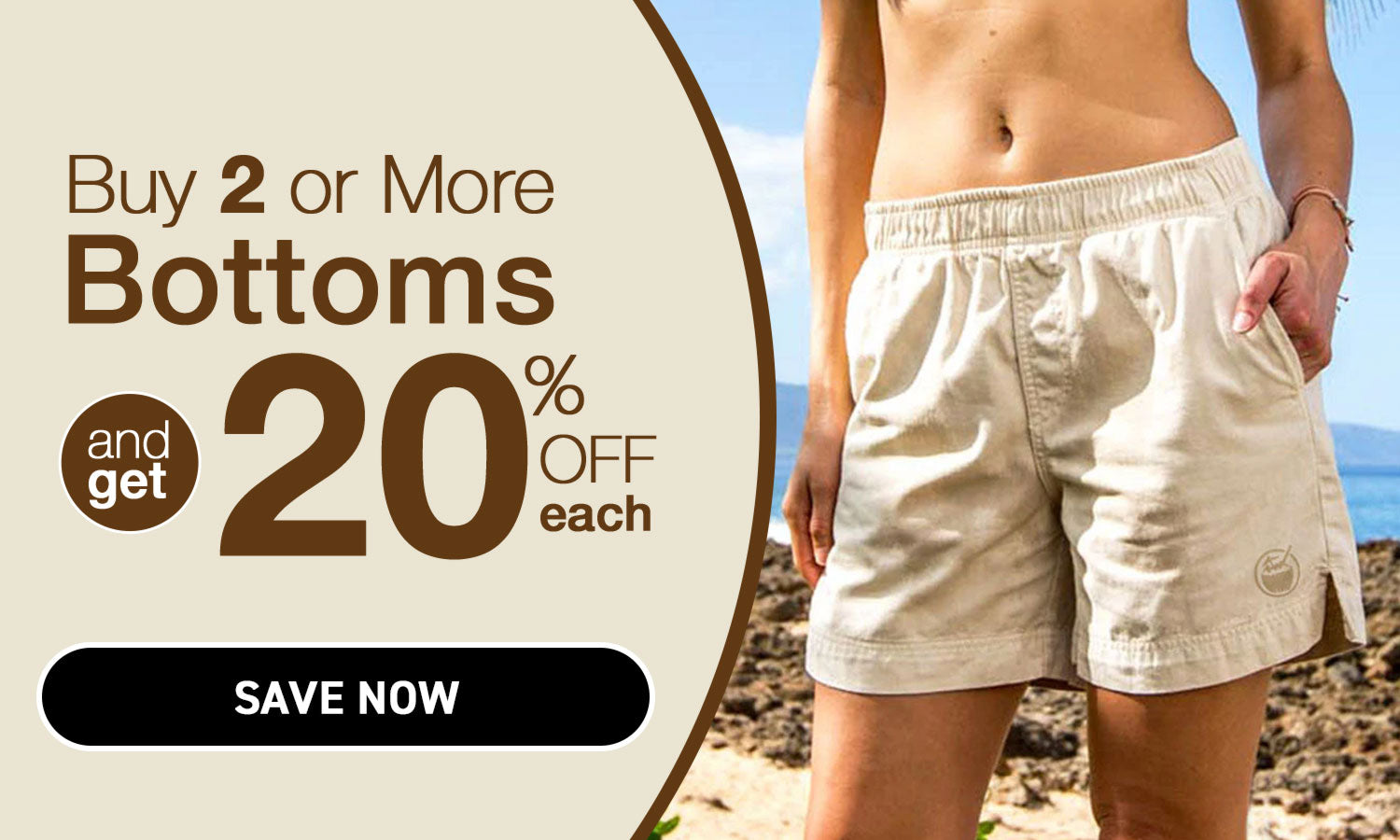 Promotional banner for shorts with a discount offer on a scenic background