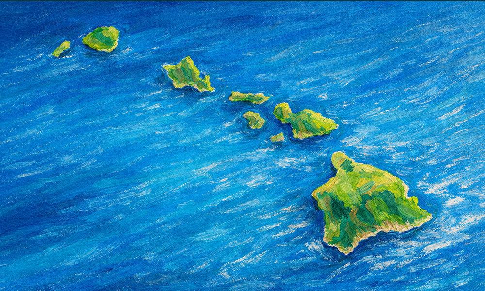 Map of Hawaii with teal outlines on a blue gradient background