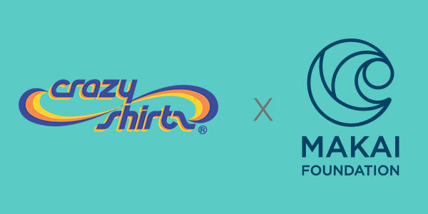 Logos of 'crazy shirts' and 'Makai Foundation' on a teal background