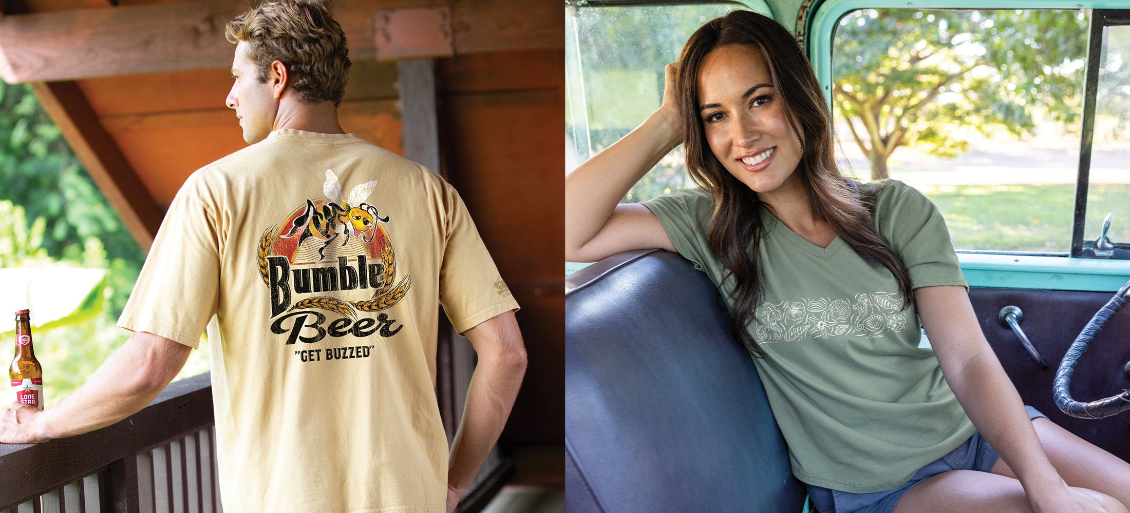 Two people wearing t-shirts with humorous text designs.