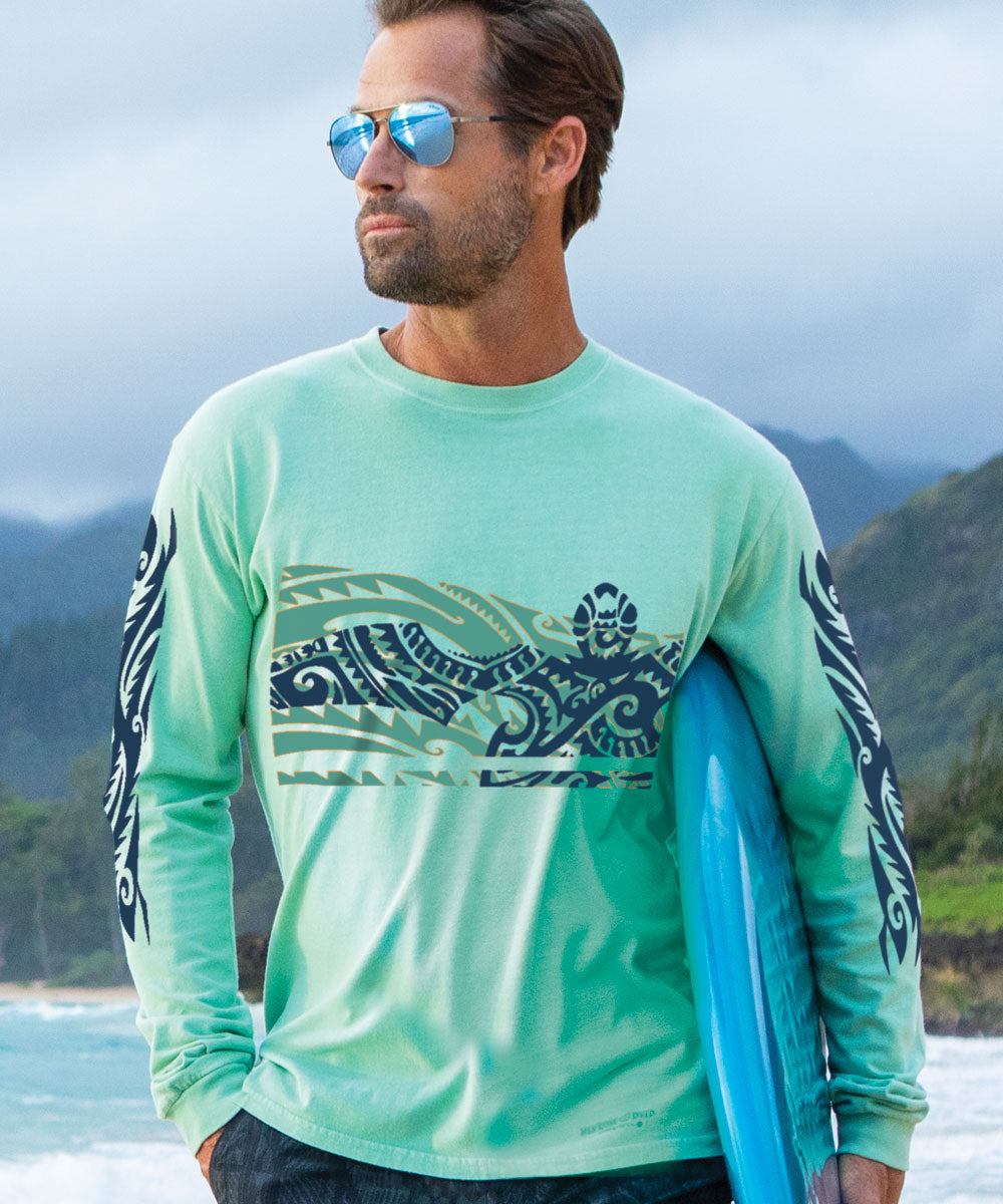 Honu Tribal Mauka - Key Lime Dyed Long Sleeve Crewneck T-Shirt