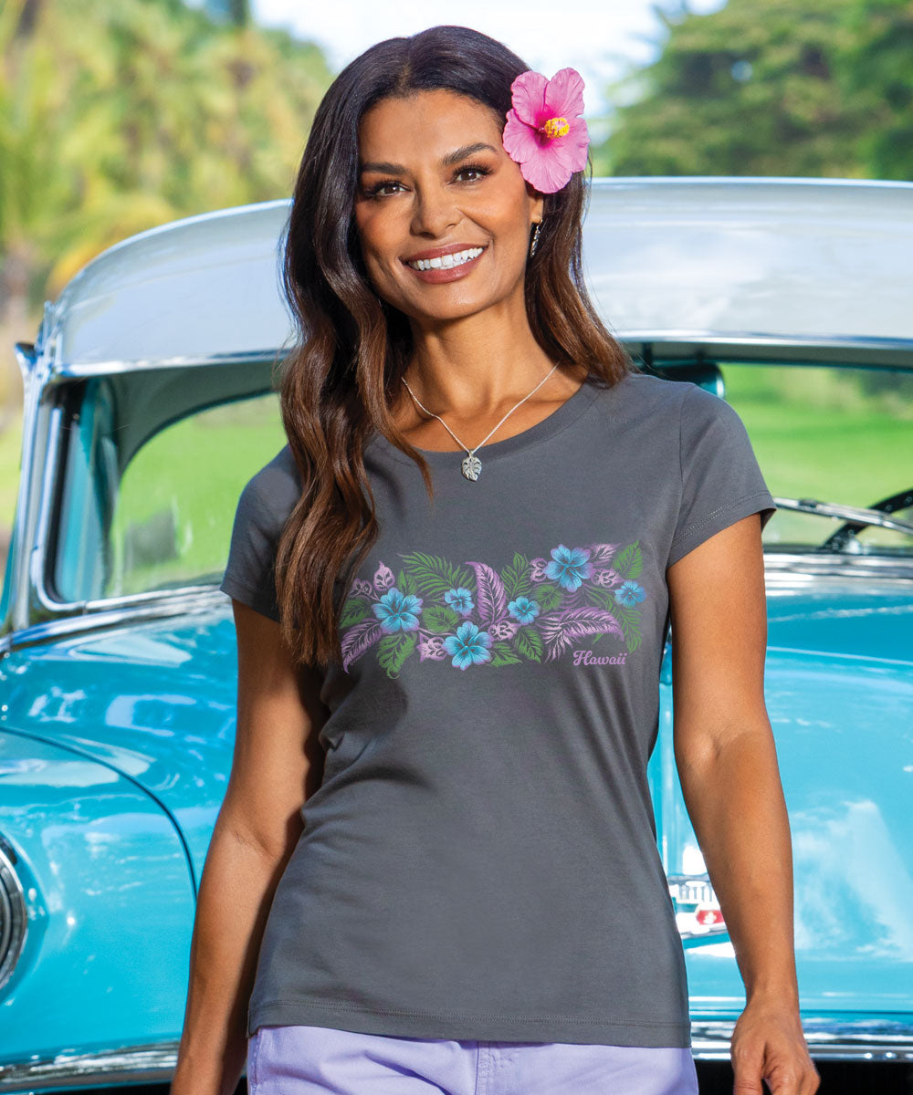 〜2/20 Classic Shirt - Cotton Floral Enb. Elegant Floral Banded T-Shirt | Women's Pima Cotton Tee