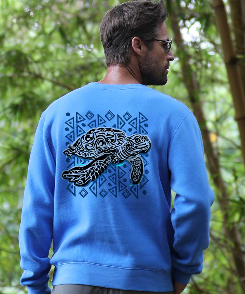 Tribal Sea Turtle - Blue Hawaii Dyed Long Sleeve Sweatshirt