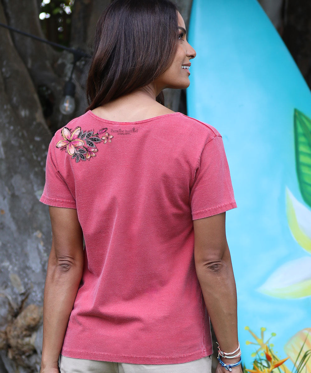 Sketchy Plumeria - Paradise Red Dyed Short Sleeve Scoop Neck T-Shirt