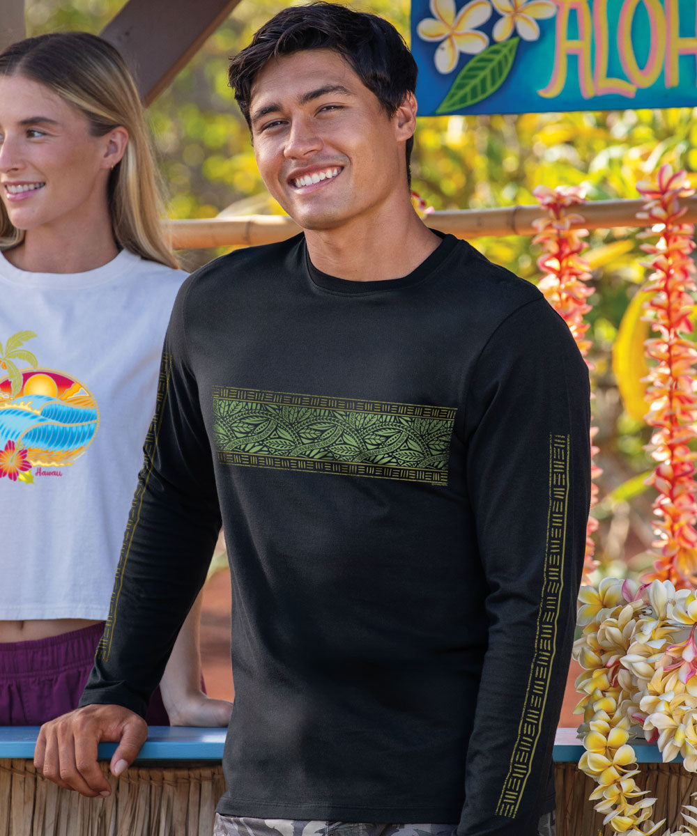 Tribal Leaves Band T-Shirt | Men's Jet Black Long Sleeve Pima Crewneck