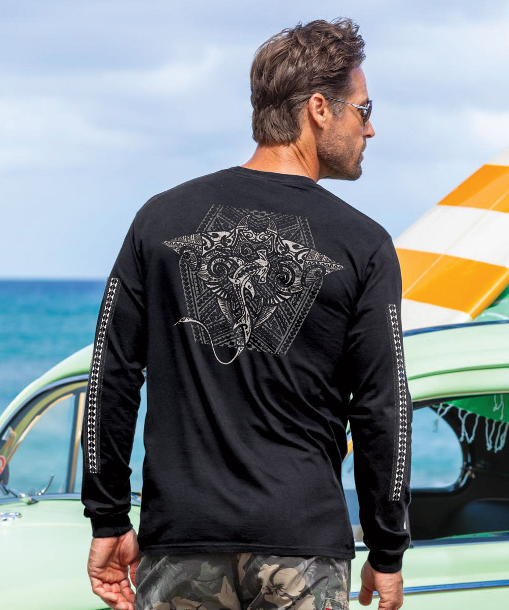 Tribal Manta Shark - Black Long Sleeve Crewneck T-Shirt