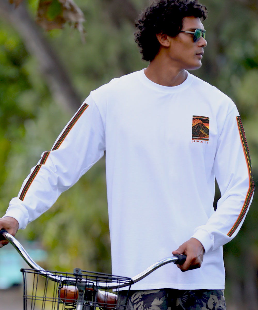 Volcano Scenic T-Shirt | Men's White Long Sleeve Crewneck