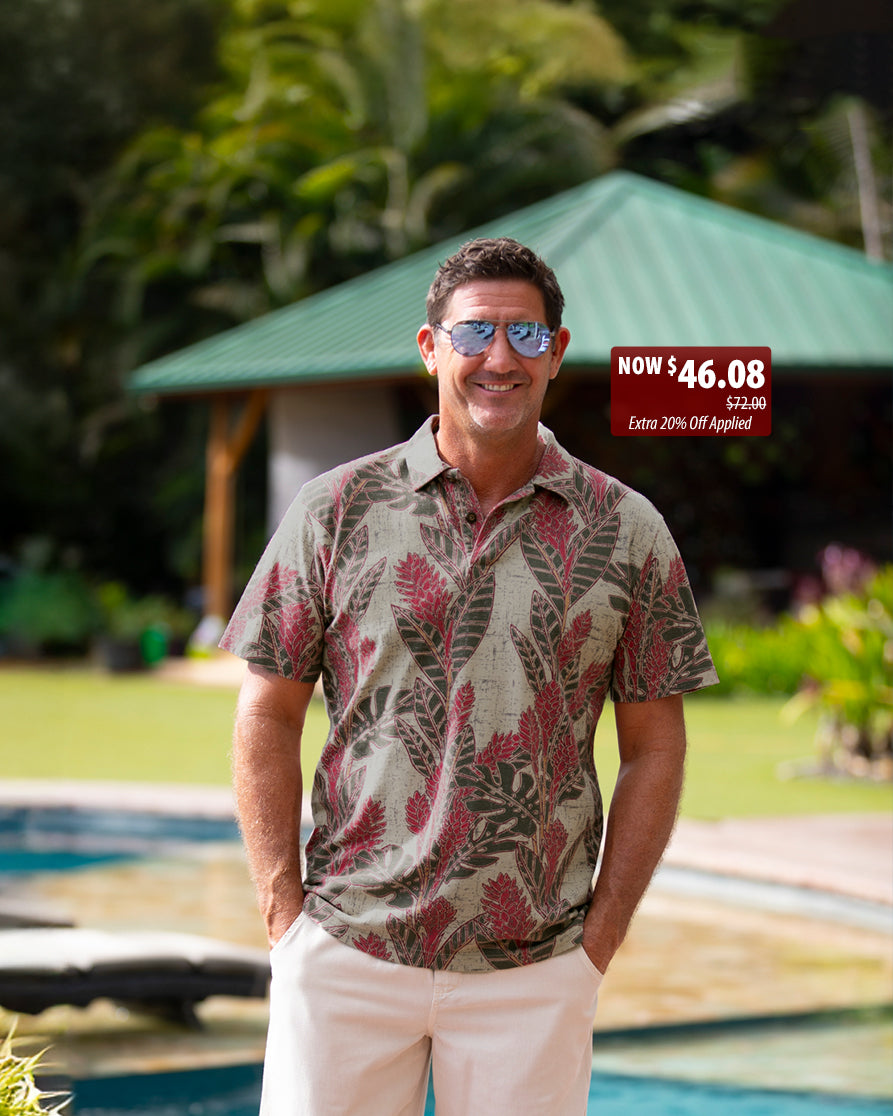 Man wearing a patterned shirt and sunglasses standing by a pool with promotional text overlay.